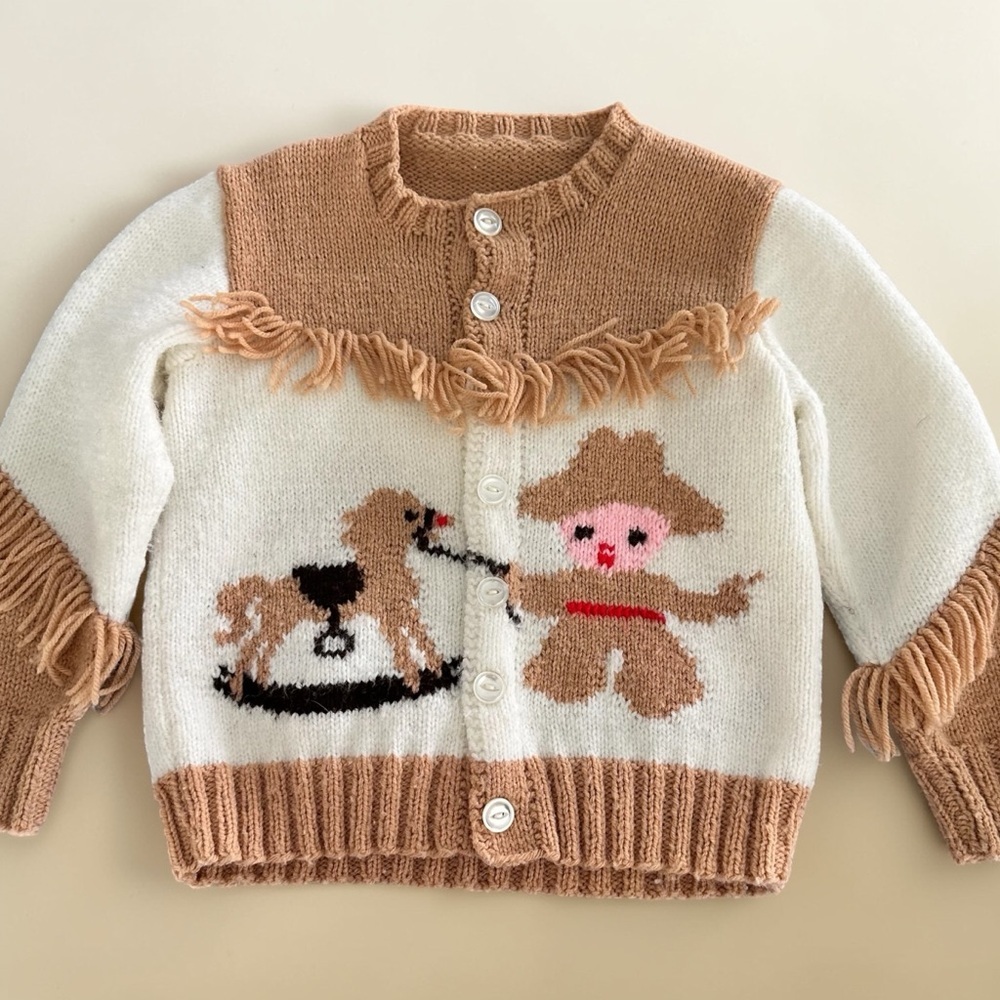 Vintage Handmade Cowichan Button-Front Knit Cardigan with Novelty Motif
